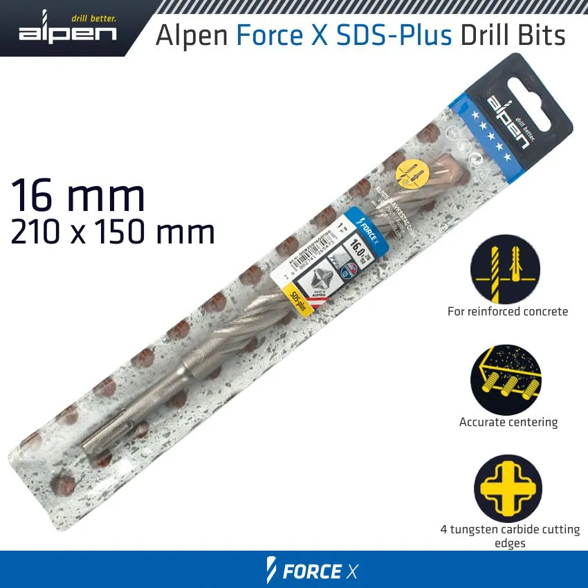 ALPEN FORCE X 16.0 x 210/150  SDS-PLUS DRILL BIT X4 CUTTING EDGES ALP825016