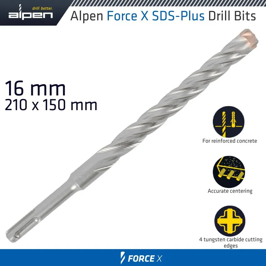 ALPEN FORCE X 16.0 x 210/150  SDS-PLUS DRILL BIT X4 CUTTING EDGES ALP825016