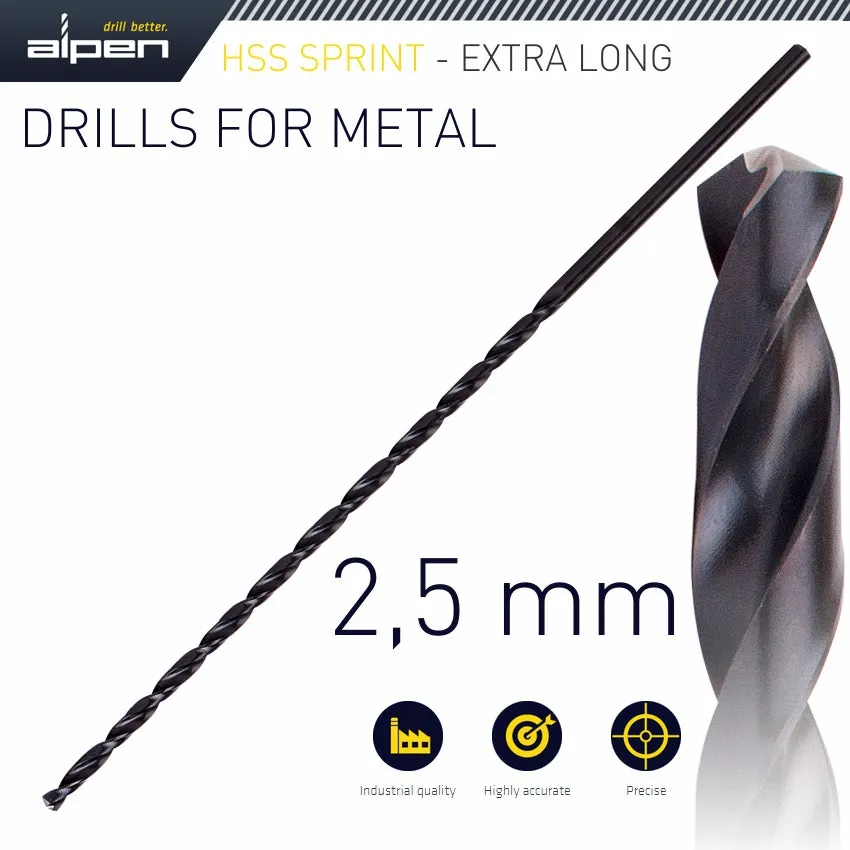 ALPEN HSS DRILL BIT 2.5MM 140  X  95 EXTRA LONG ALP101025