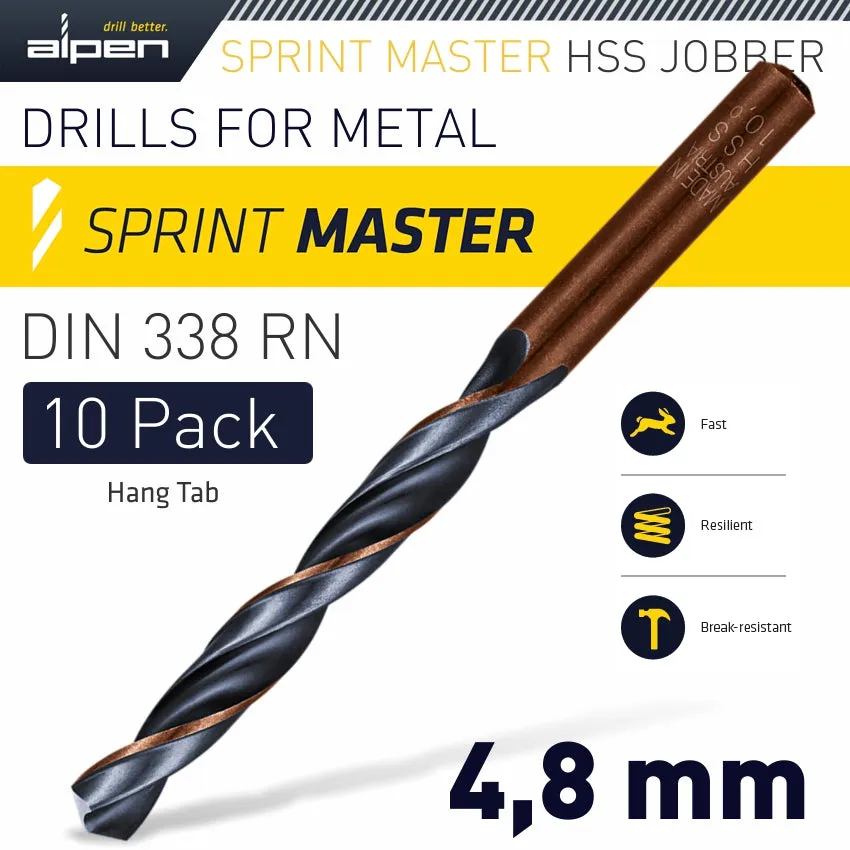 ALPEN HSS SPRINT MASTER 4.8MM 10-PACK HANG TAG DIN 338 ALPEN DRILL BITS ALP6310048