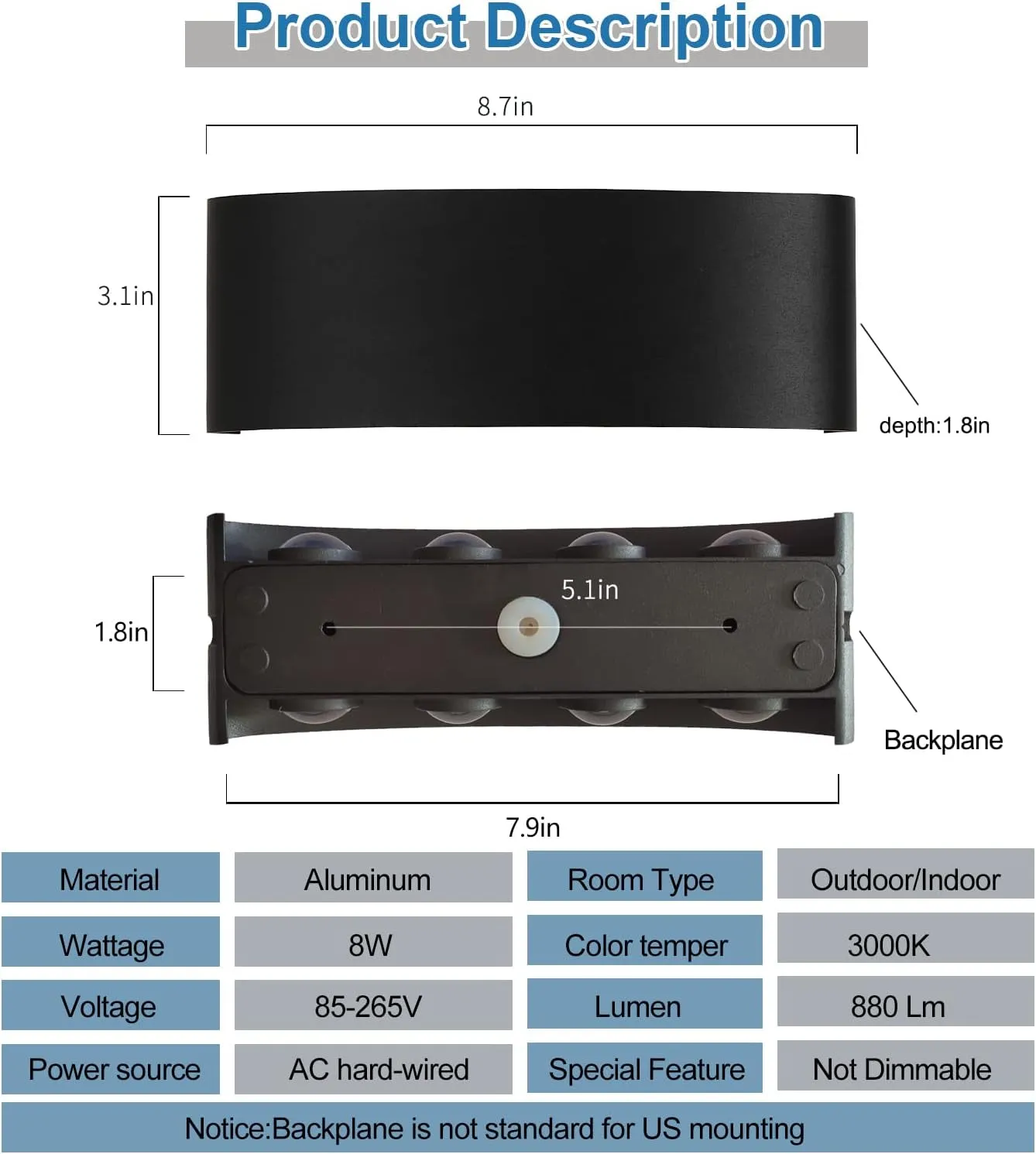 Aluminum Exterior Wall Lamp for Porch Courtyard Bedroom (3000K