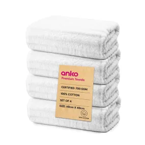 Anko Australia 100% Cotton 700 GSM Ribbed Hand Towel | Set of 4 | Super-Soft, Absorbent, Quick-Drying | White Towel for Men, Women & Kids | 60x40 cm |Travel, Gym, Spa Towel