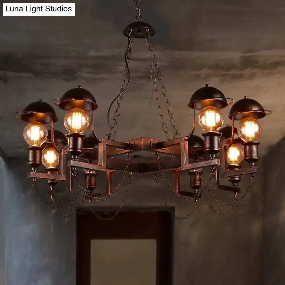 Antique Metal Ring Hanging Lamp - 8 Head Chandelier with Half-Globe Shade, Rustic Villa Lighting