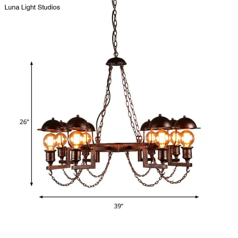 Antique Metal Ring Hanging Lamp - 8 Head Chandelier with Half-Globe Shade, Rustic Villa Lighting