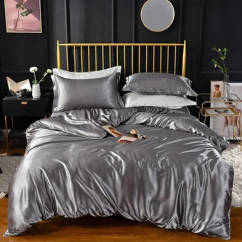 Anyhouz Beddings Gray EU Double Size 3 Pcs High End Satin Smooth Duvet Cover Set Luxury Polyester Silky Soft Cozy Bedding Set