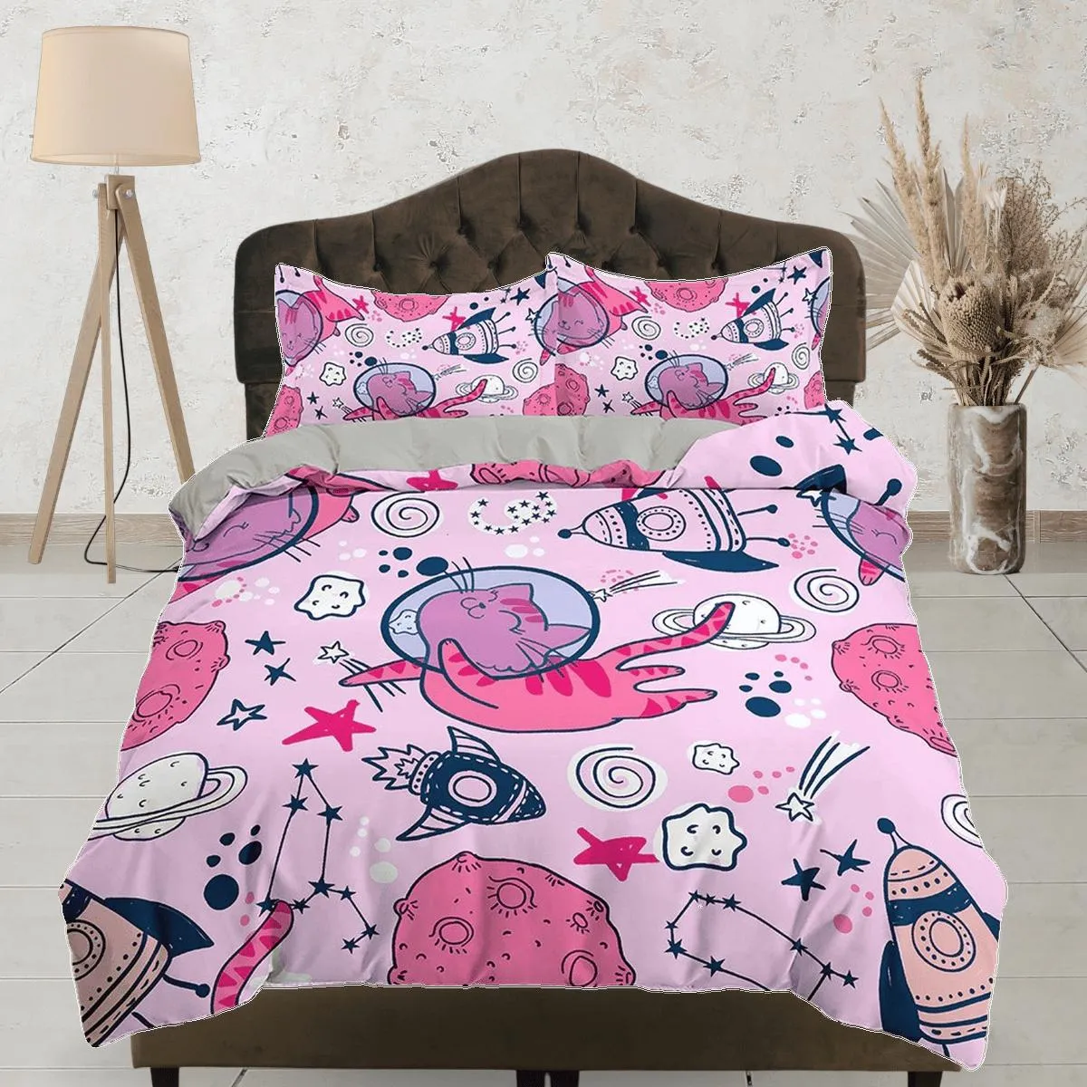 Astronaut Cat in Space Kids Baby Pink Duvet Cover Set, Toddler Bedding, Kids Bedroom, Cute Bedding, Duvet King Queen Full Twin Single