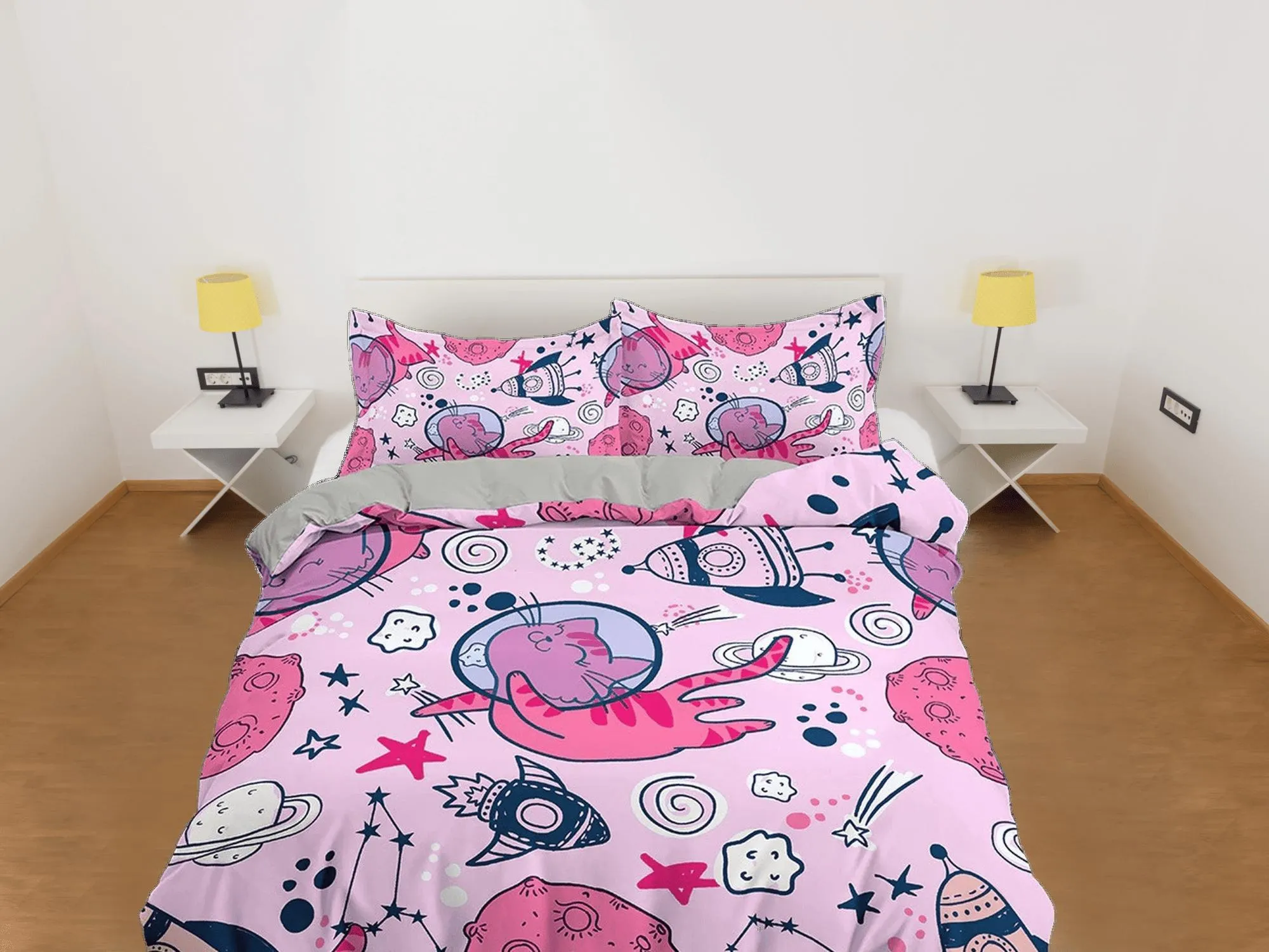 Astronaut Cat in Space Kids Baby Pink Duvet Cover Set, Toddler Bedding, Kids Bedroom, Cute Bedding, Duvet King Queen Full Twin Single