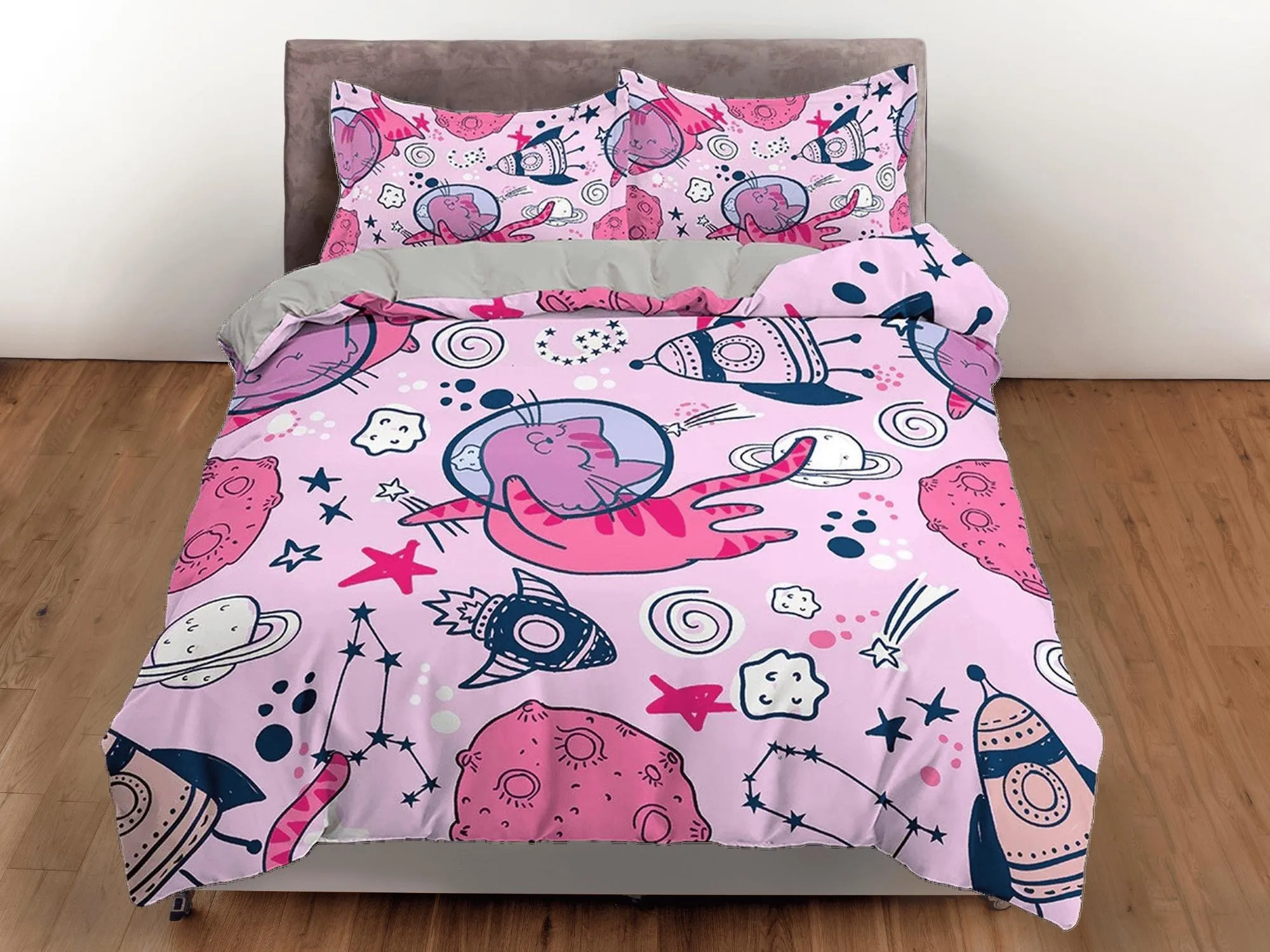 Astronaut Cat in Space Kids Baby Pink Duvet Cover Set, Toddler Bedding, Kids Bedroom, Cute Bedding, Duvet King Queen Full Twin Single