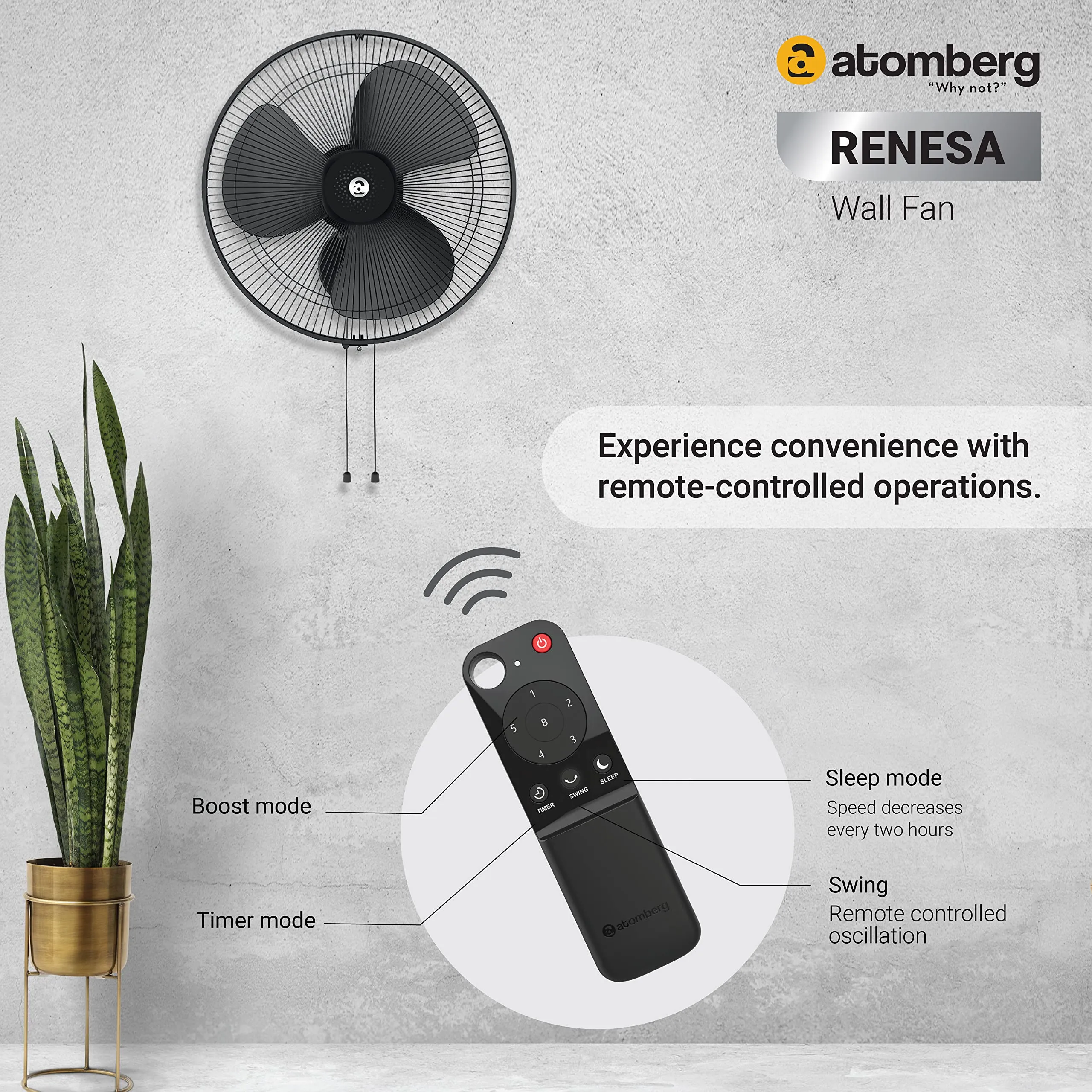 atomberg Renesa 400mm Wall Fan | Silent BLDC Fan | Remote with Timer & Sleep Control | 1 1 Year Warranty (Midnight Black)