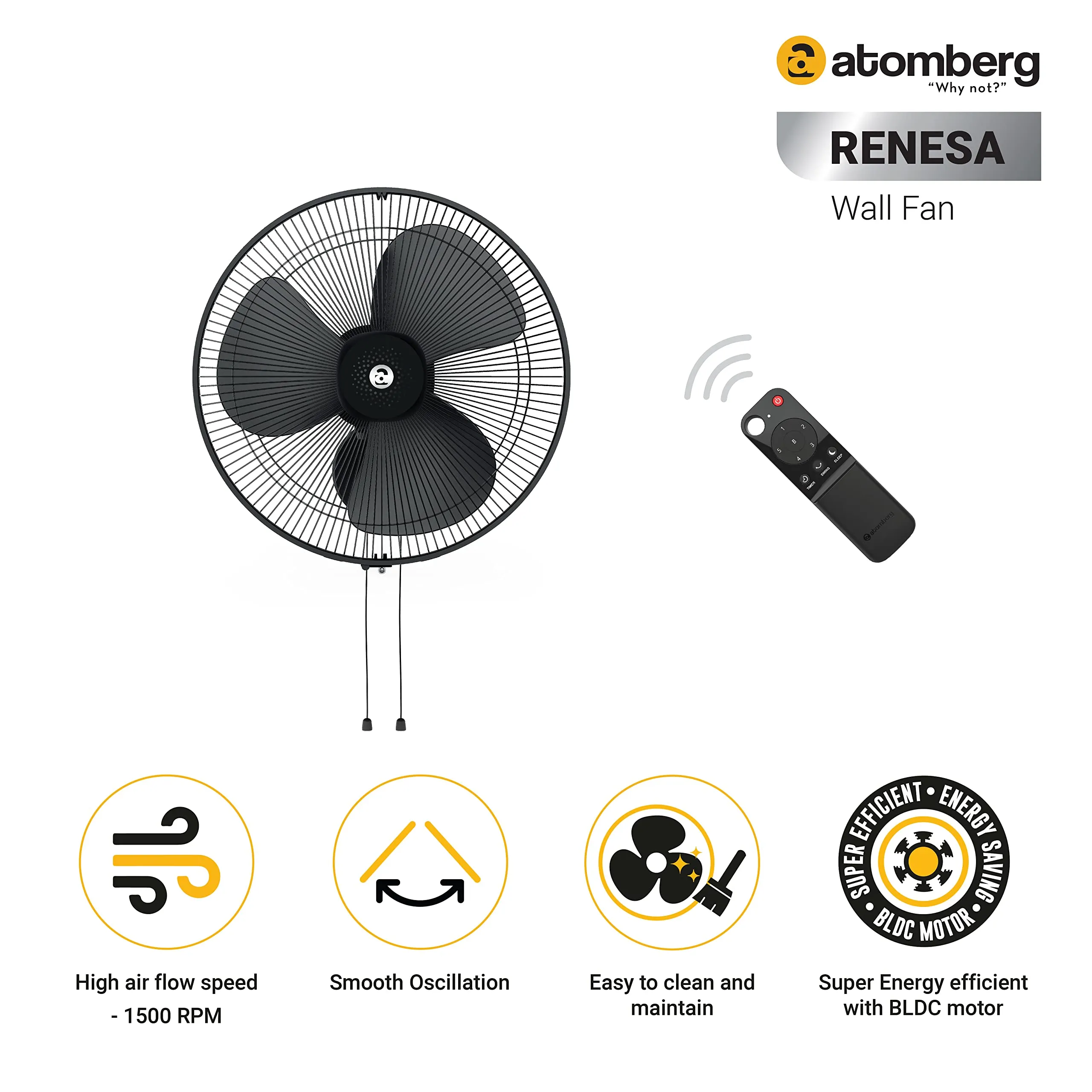 atomberg Renesa 400mm Wall Fan | Silent BLDC Fan | Remote with Timer & Sleep Control | 1 1 Year Warranty (Midnight Black)