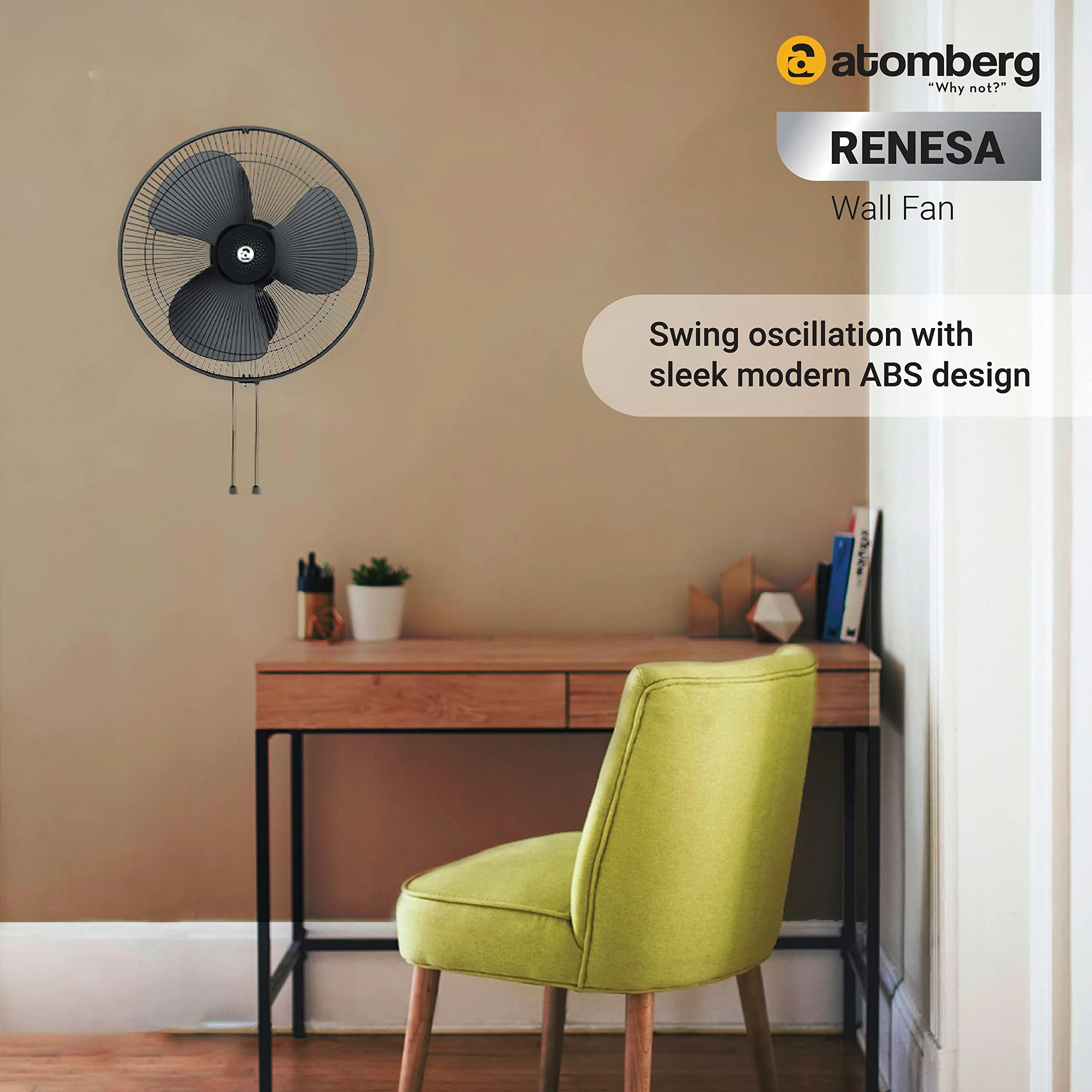 atomberg Renesa 400mm Wall Fan | Silent BLDC Fan | Remote with Timer & Sleep Control | 1 1 Year Warranty (Midnight Black)