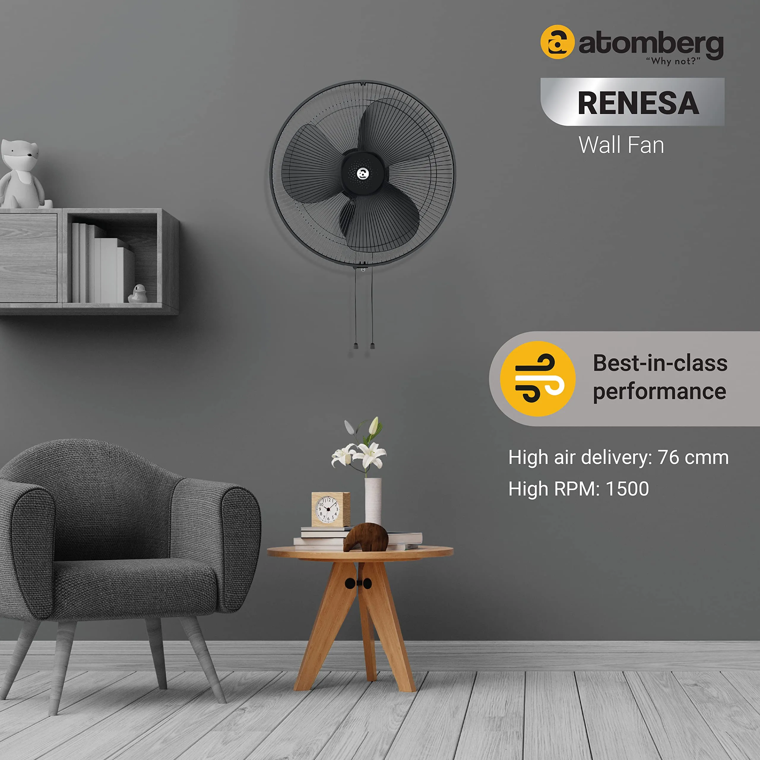 atomberg Renesa 400mm Wall Fan | Silent BLDC Fan | Remote with Timer & Sleep Control | 1 1 Year Warranty (Midnight Black)