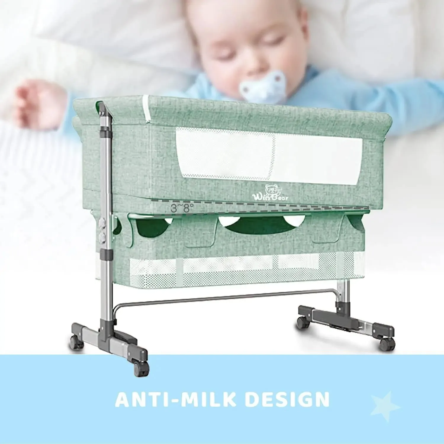 Baby 3 in 1 Bedside Crib & Portable Bed with Mosquito Nets - Green