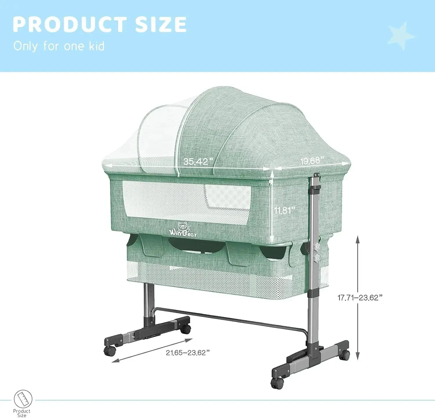 Baby 3 in 1 Bedside Crib & Portable Bed with Mosquito Nets - Green