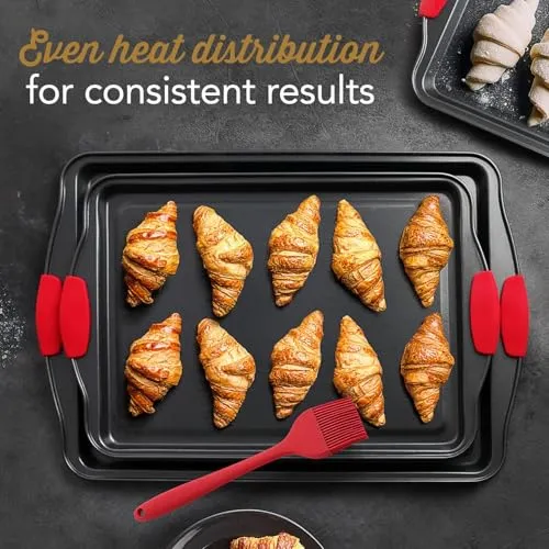 Baking Sheet Set, 2-Piece Cookie Sheet Set with Silicone Handles, Steel Baking Pan, Durable Baking Sheets for Oven, BPA Free Cookie Sheets for Baking Nonstick Set, Premium Sheet Pan, Black Baking Tray