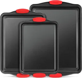 BAKKEN Cookie Sheets for Baking Nonstick Set - 3-Piece Stackable Carbon Steel Baking Sheet Pans Set with Silicone Handles, Non Toxic Cookie Sheets for Baking Bakeware Set - Black