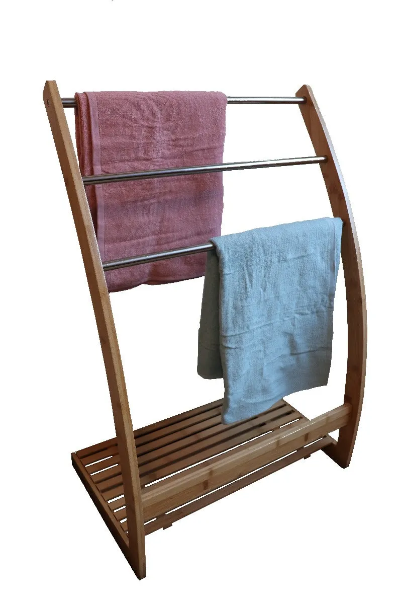 Bamboo Towel Bar Metal Holder Rack 3-Tier Freestanding and Bottom shelf for Bathroom