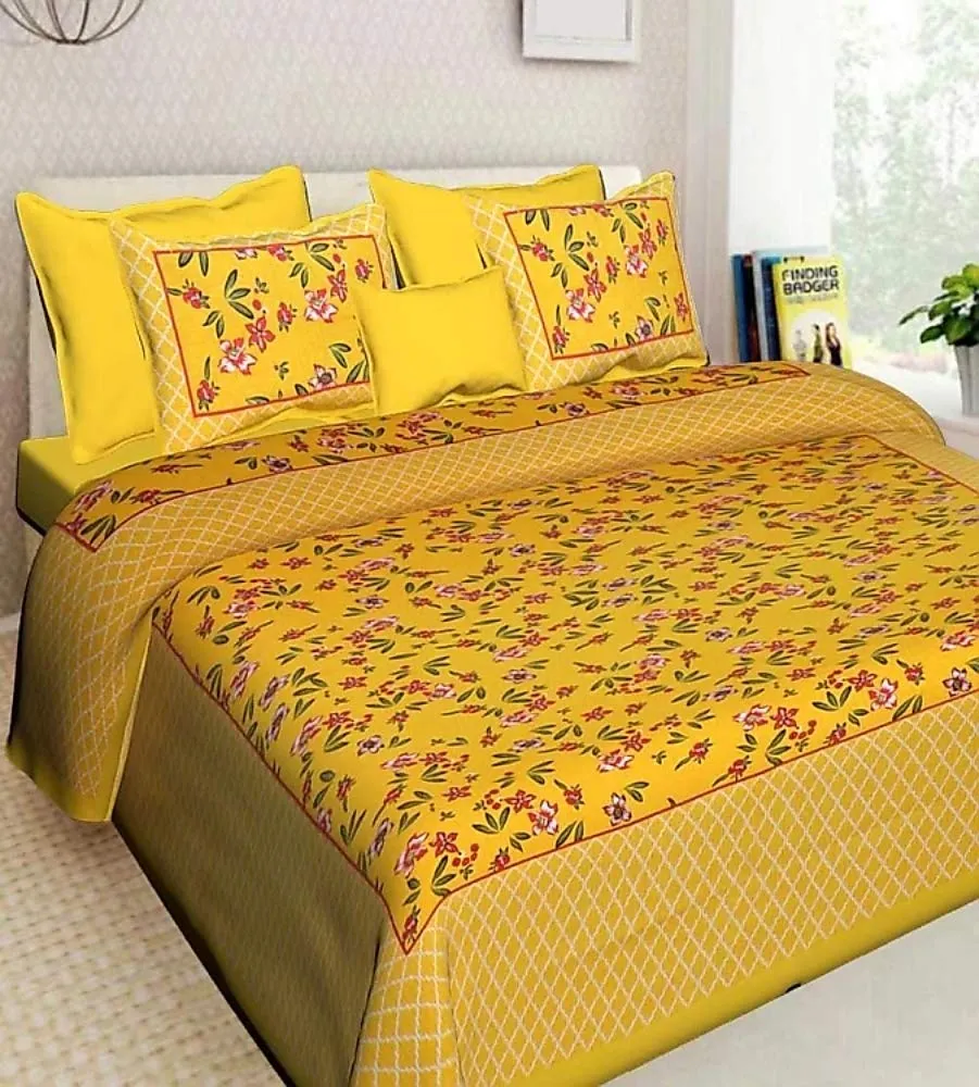 BedZone 100% Cotton Rajasthani Jaipuri King Size Printed Bedsheet Combo Double Bed Set 2 Double Bedsheet with 4 Pillow Cover - Multicolor