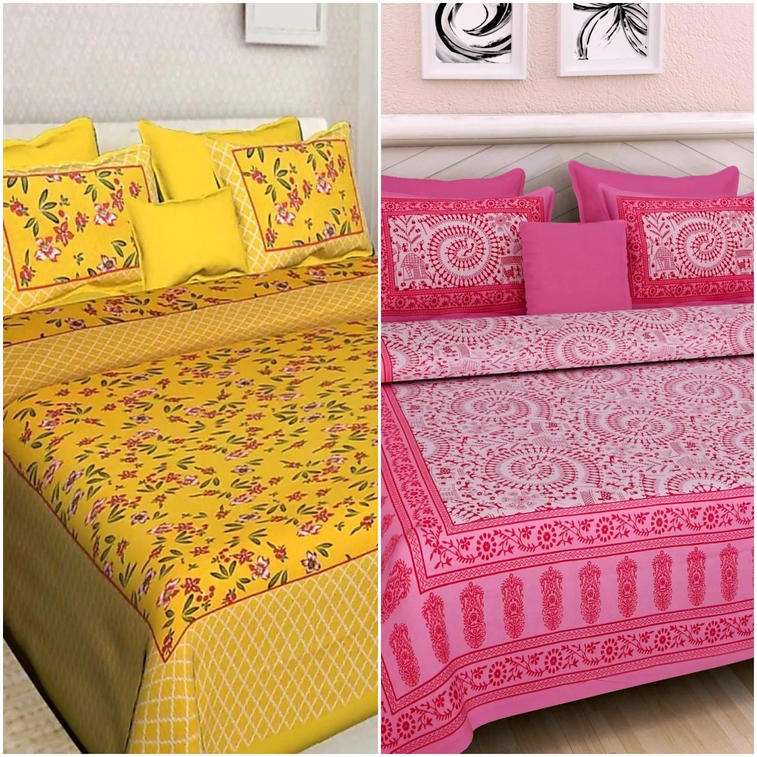 BedZone 100% Cotton Rajasthani Jaipuri King Size Printed Bedsheet Combo Double Bed Set 2 Double Bedsheet with 4 Pillow Cover - Multicolor