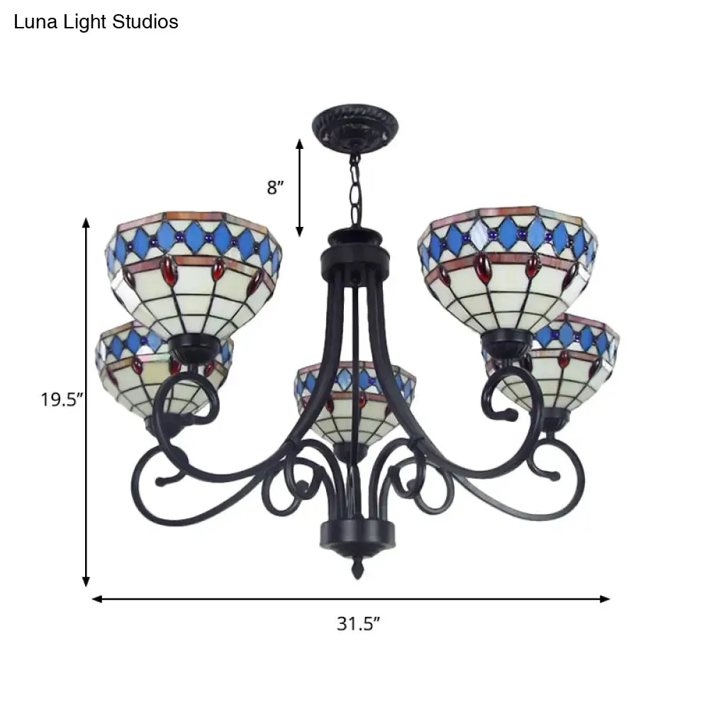 Beige Baroque Pendant Chandelier - Colorful Glass Bowl with Hanging Chain, 5 Lights