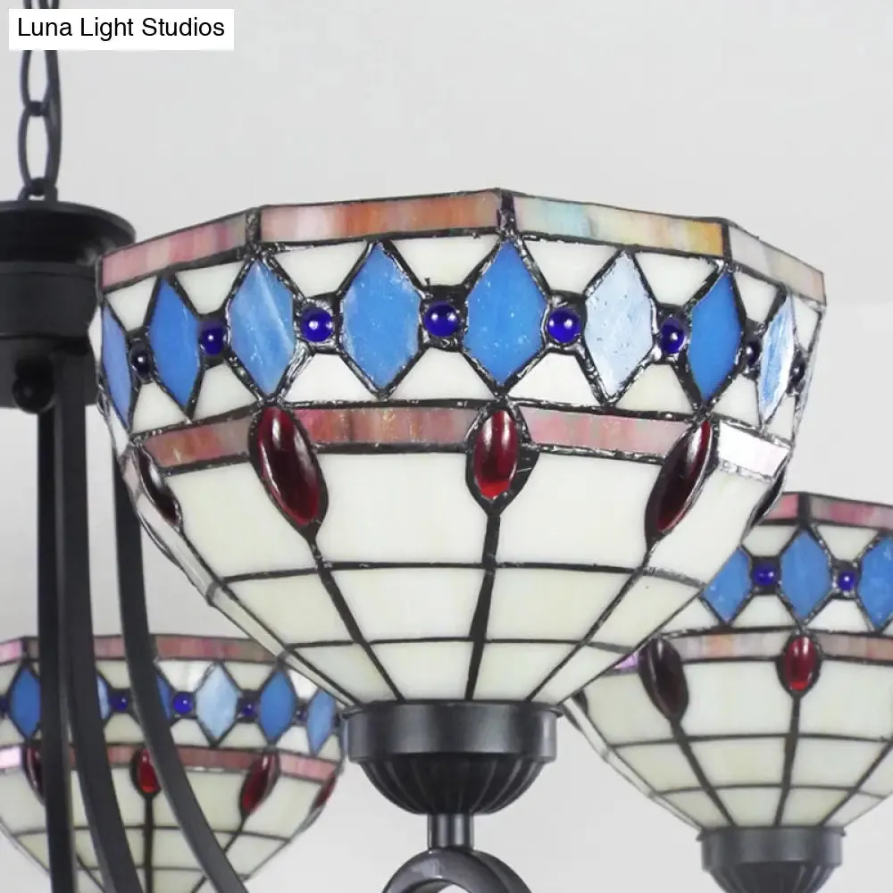 Beige Baroque Pendant Chandelier - Colorful Glass Bowl with Hanging Chain, 5 Lights