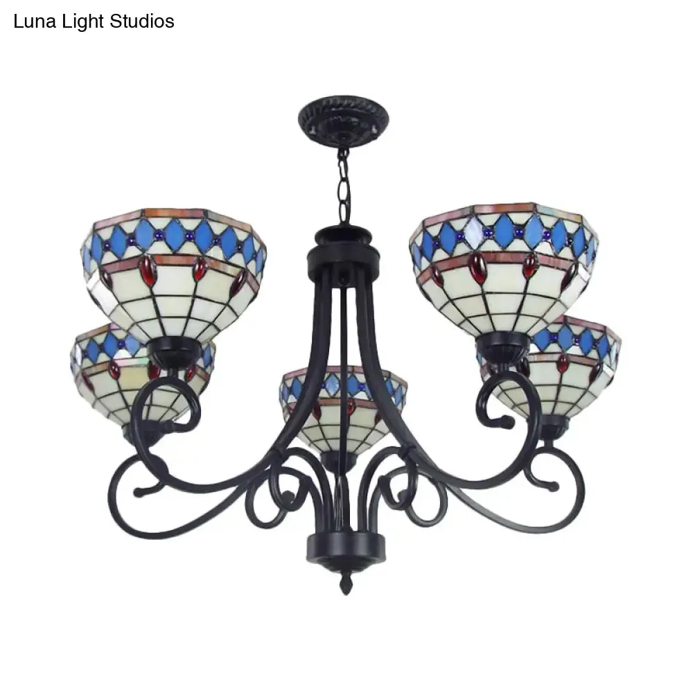 Beige Baroque Pendant Chandelier - Colorful Glass Bowl with Hanging Chain, 5 Lights