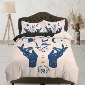 Beige Boho Bedding with Celestial Art Design in Blue, Gothic Duvet Cover Set, Witchy Dorm Bedding, Aesthetic Duvet King Queen Full Twin