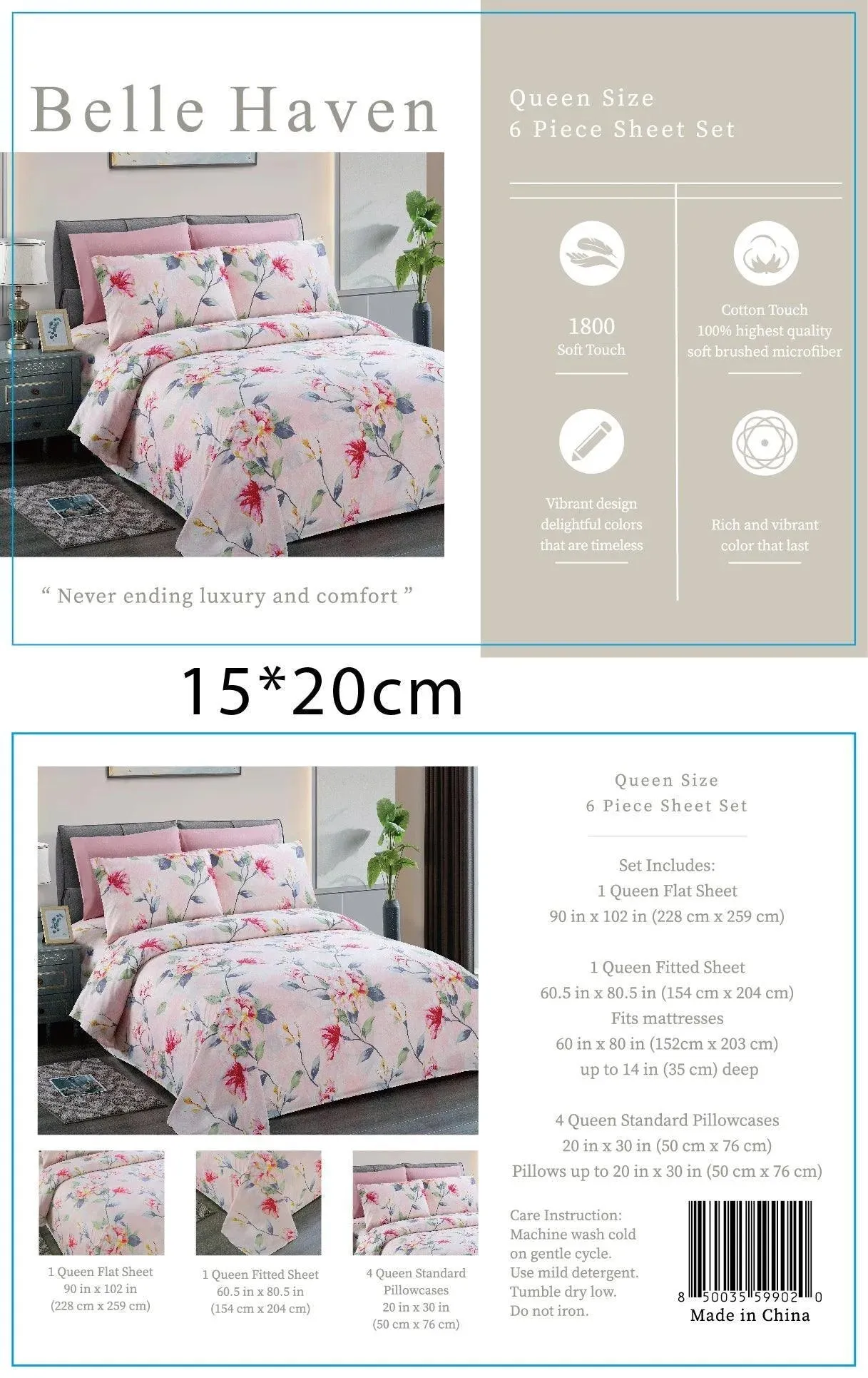 Belle Haven 6 Piece Sheet Set Bedding Set Light Pink with Colorful Flowers