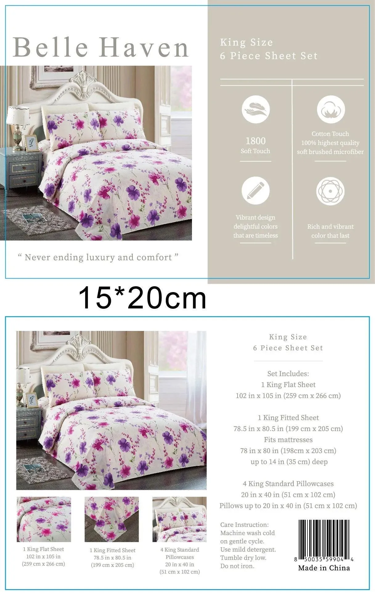 Belle Haven 6 Piece Sheet Set Bedding Set Light Pink with Colorful Flowers