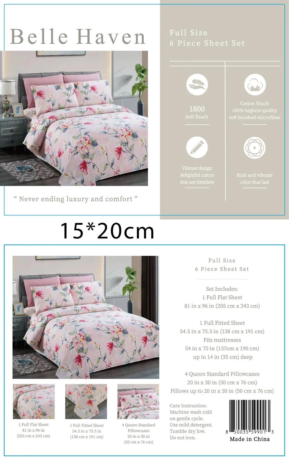 Belle Haven 6 Piece Sheet Set Bedding Set Light Pink with Colorful Flowers