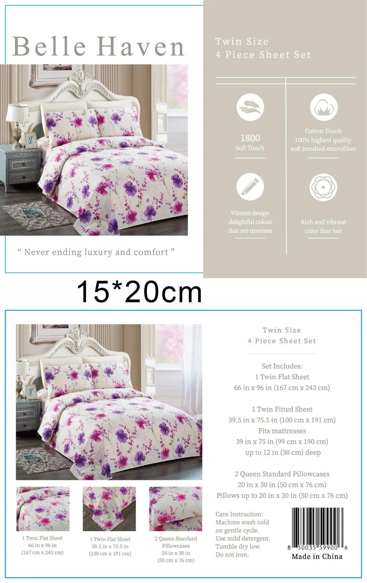 Belle Haven 6 Piece Sheet Set Bedding Set Light Pink with Colorful Flowers