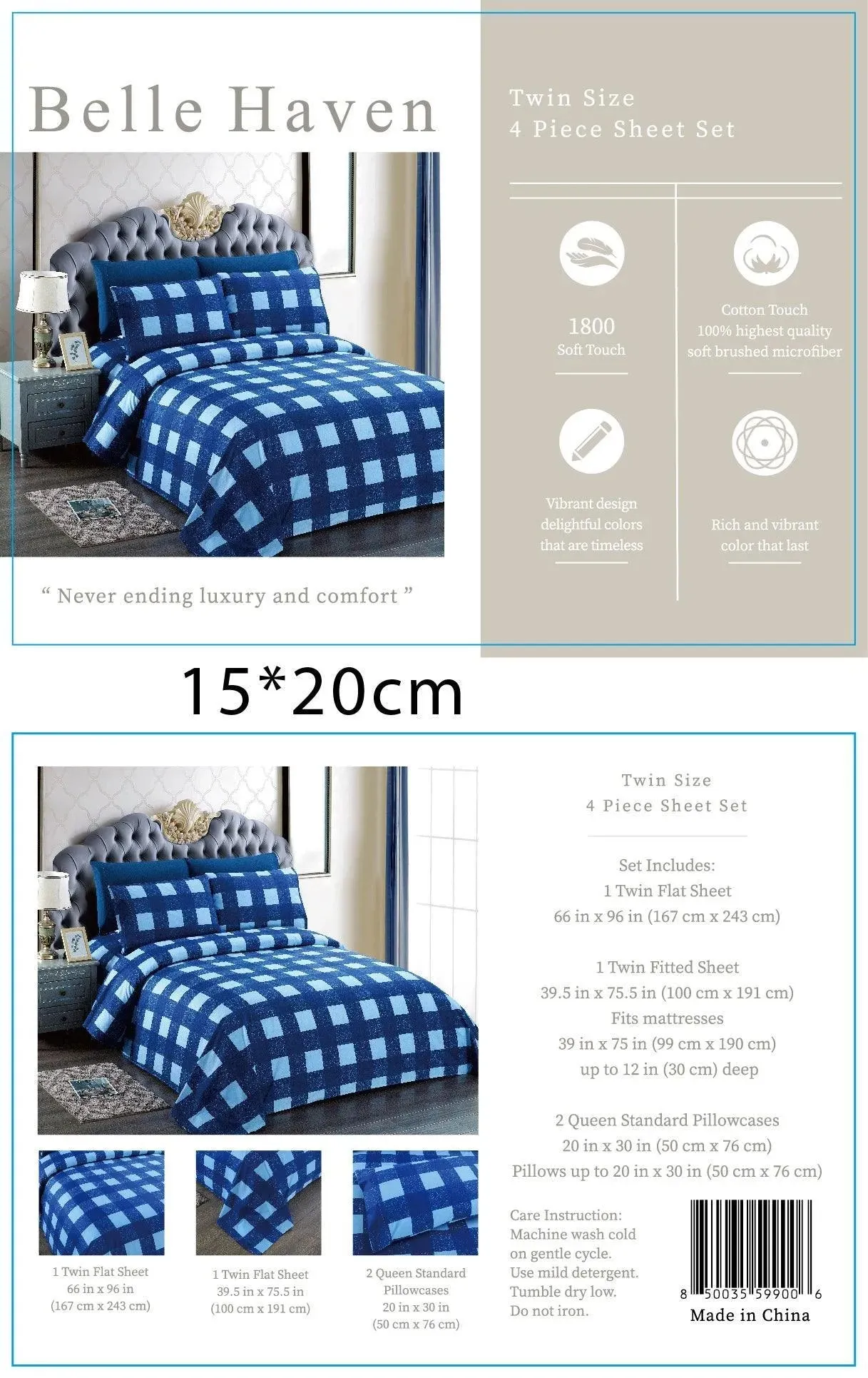 Belle Haven 6 Piece Sheet Set Bedding Set Royal Blue/Baby Blue Checkered