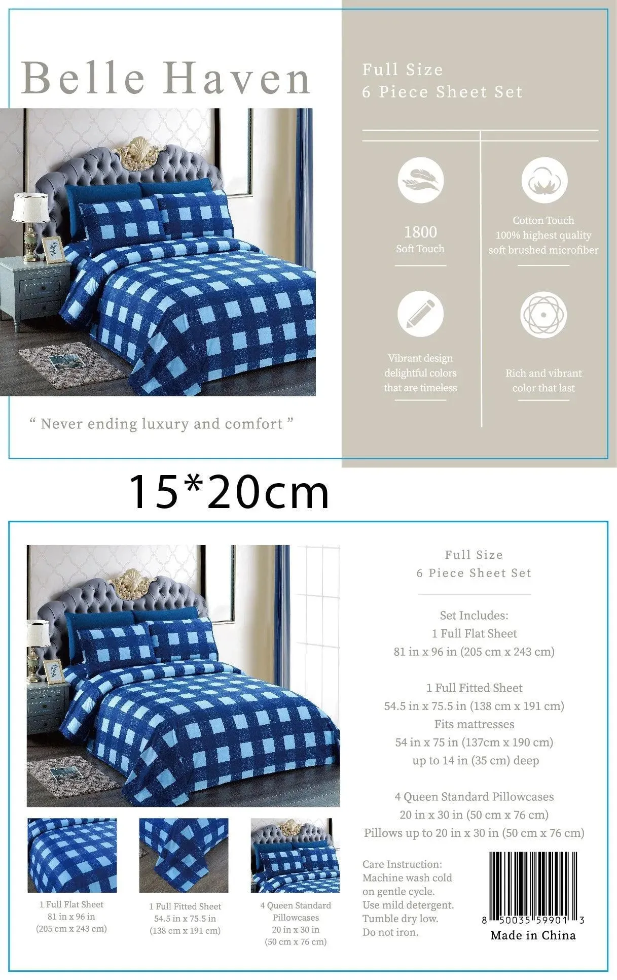 Belle Haven 6 Piece Sheet Set Bedding Set Royal Blue/Baby Blue Checkered