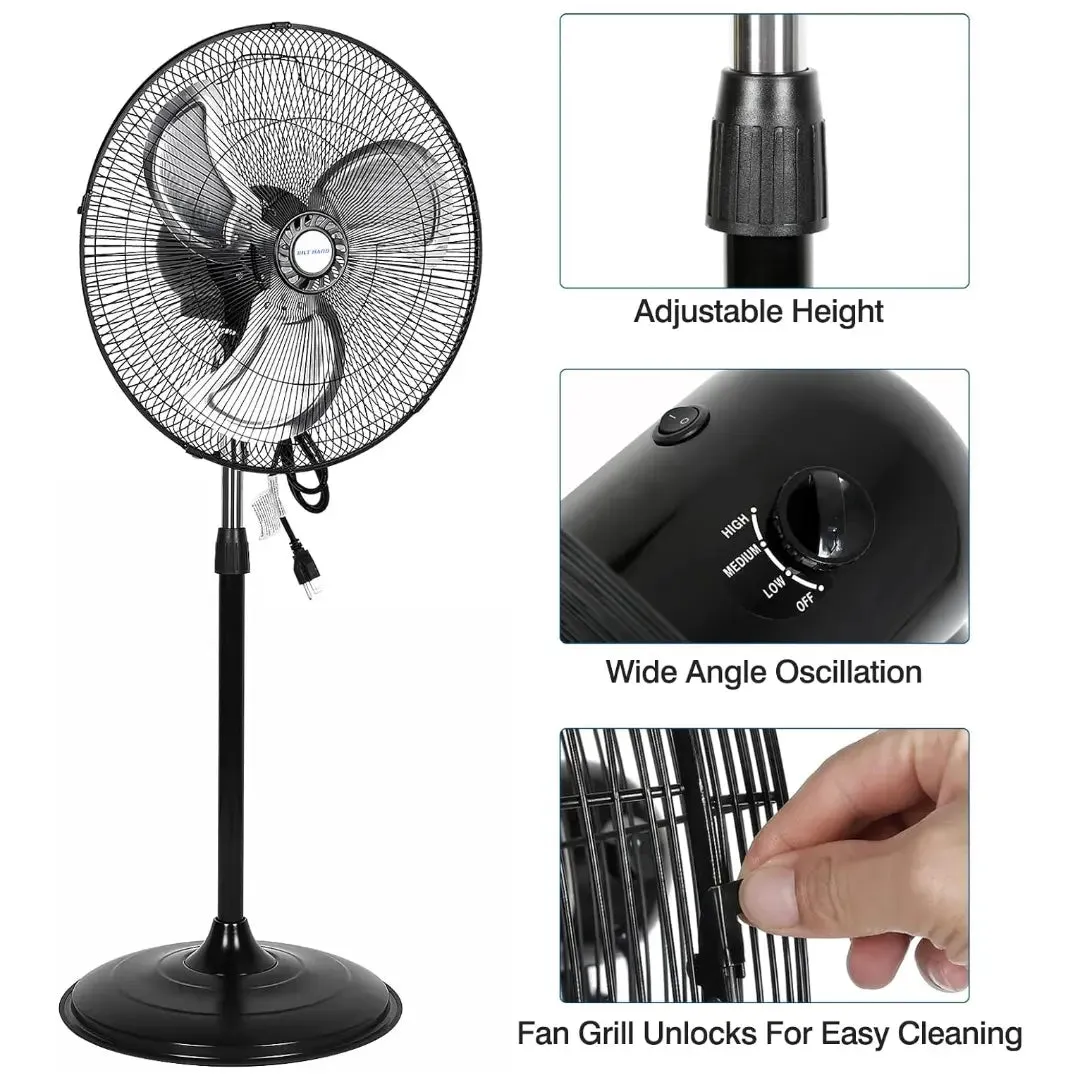 BILT HARD 18" High Velocity Pedestal Oscillating Fan, 3-Speed Industrial Standing Fan with Aluminum Blades, 3850 CFM Heavy Duty Metal Shop Fan