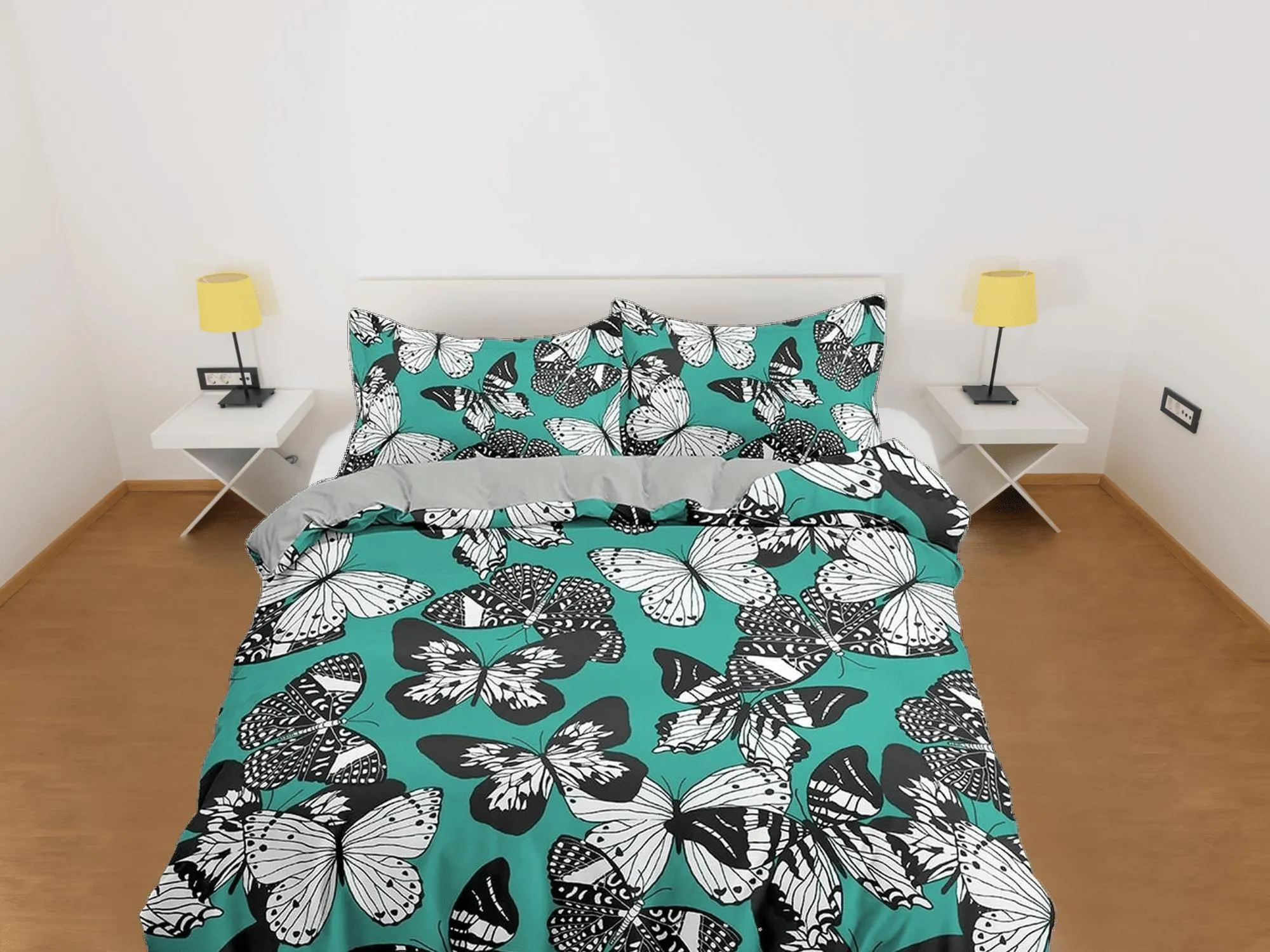 Black and white butterfly bedding teal green duvet cover dorm bedding, full size adult duvet king queen twin, nursery toddler bedding