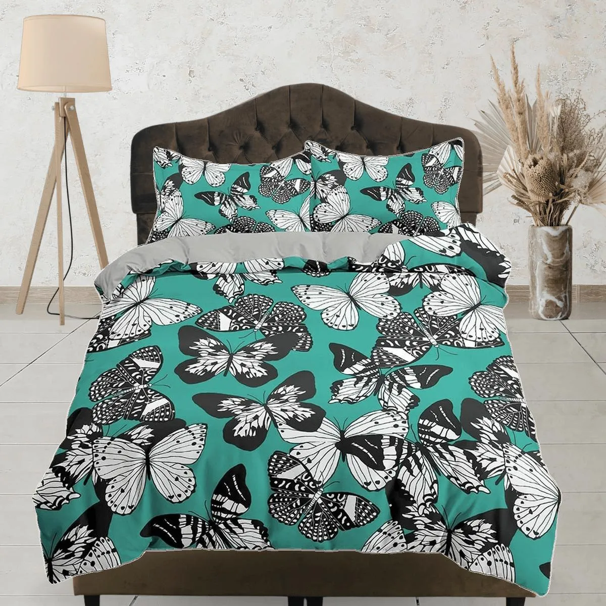 Black and white butterfly bedding teal green duvet cover dorm bedding, full size adult duvet king queen twin, nursery toddler bedding