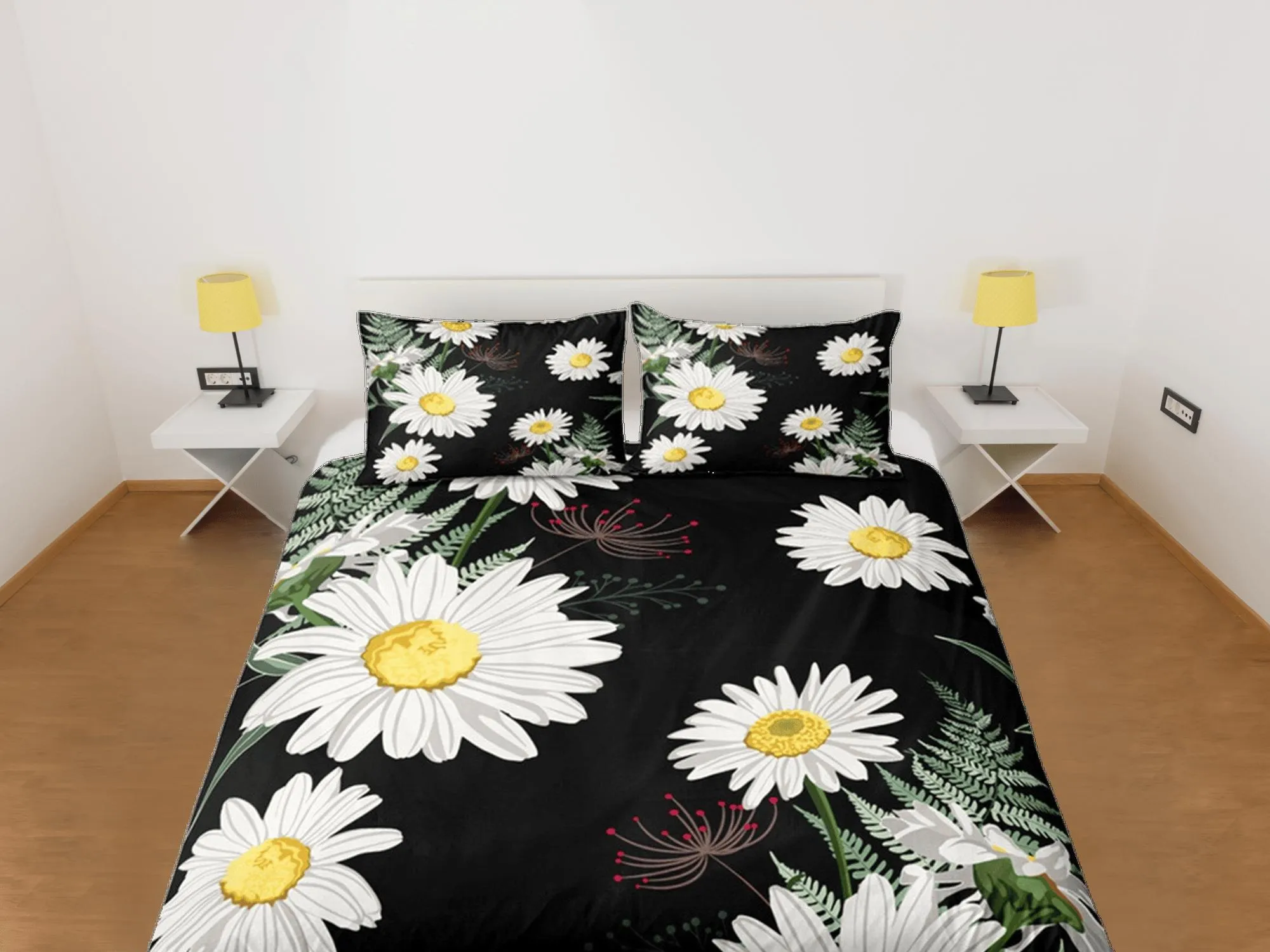 Black Duvet Cover Set Bedspread Dorm Bedding Set White Daisy