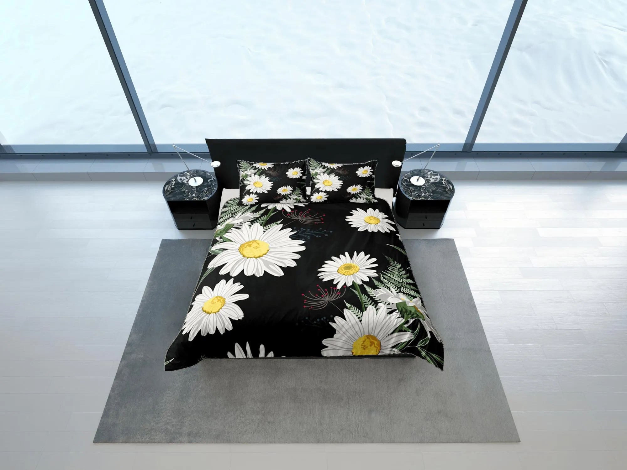 Black Duvet Cover Set Bedspread Dorm Bedding Set White Daisy