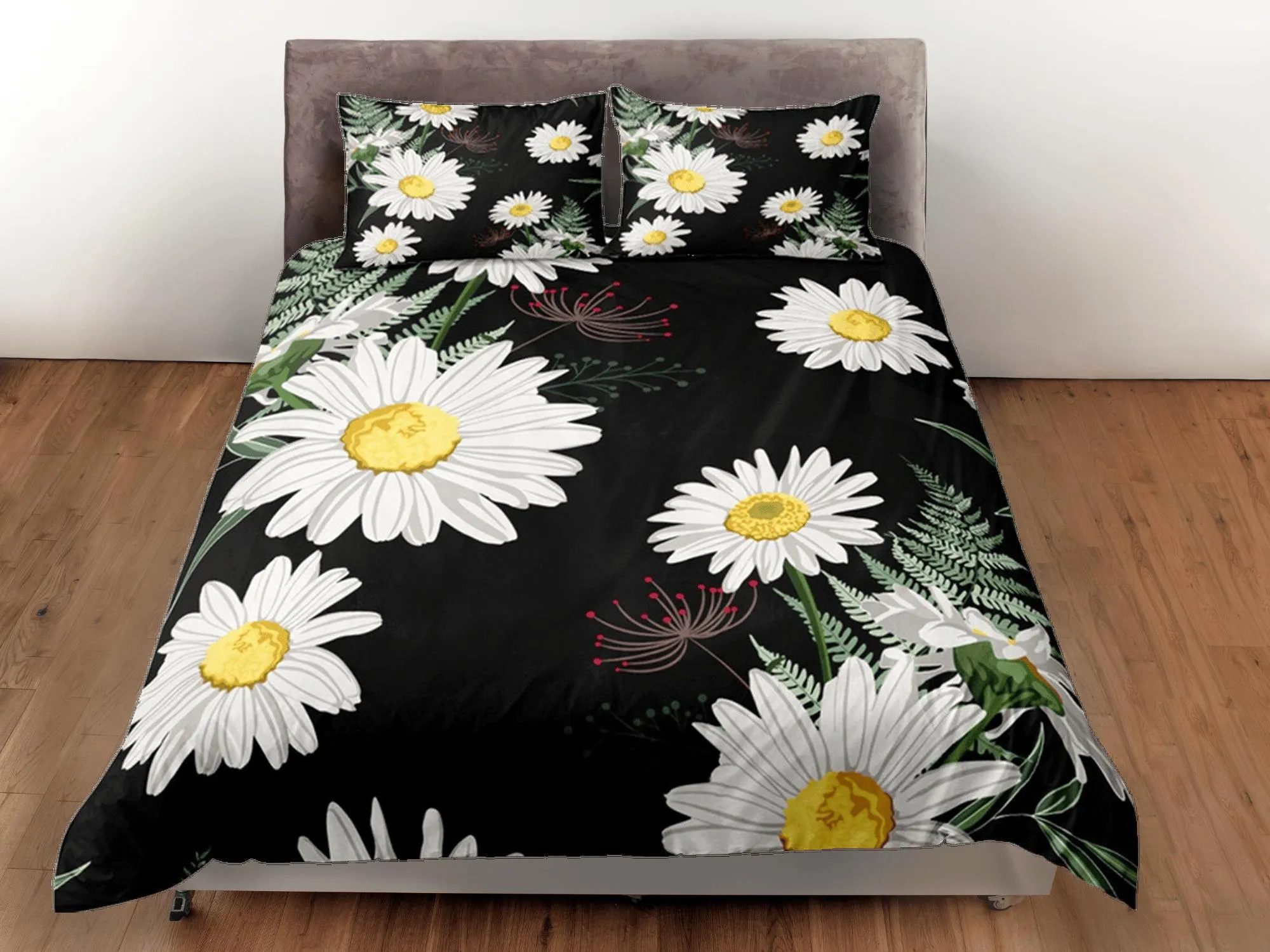 Black Duvet Cover Set Bedspread Dorm Bedding Set White Daisy