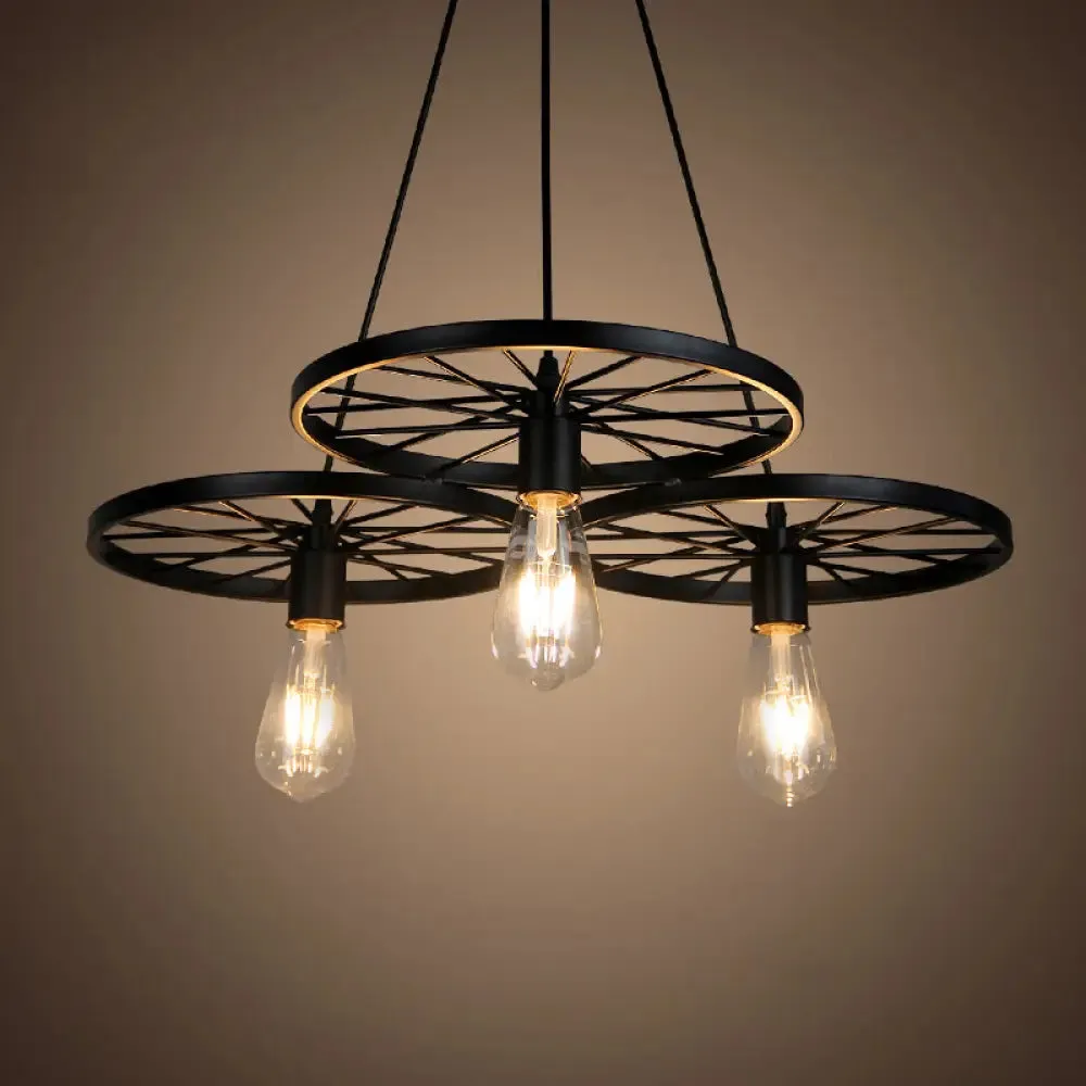 Black Industrial Wheel Chandelier for Living Room: Metal Hanging Light Fixture