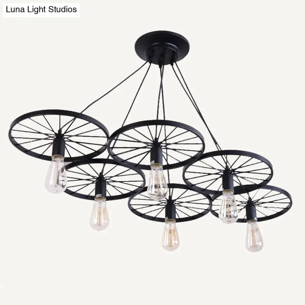 Black Industrial Wheel Chandelier for Living Room: Metal Hanging Light Fixture