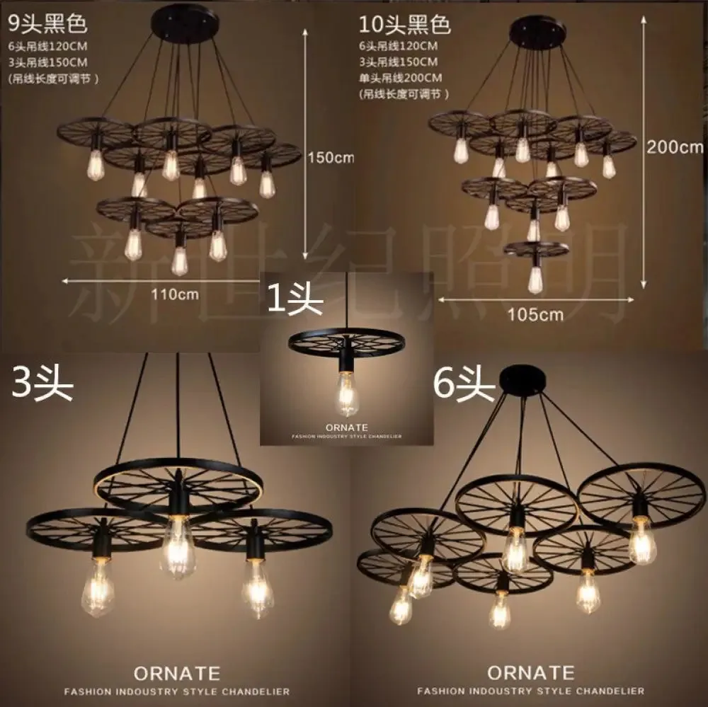 Black Industrial Wheel Chandelier for Living Room: Metal Hanging Light Fixture