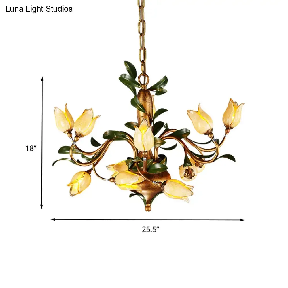 Blossom Chandelier Ceiling Light: Traditional Sandblasted Glass Pendant Fixture (12 Heads) in Brass