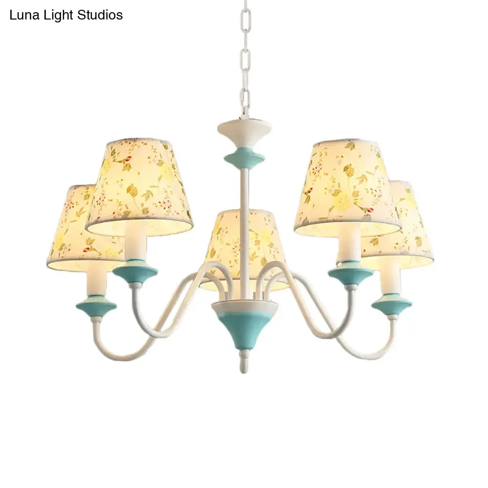 Blue Conical Pendant Chandelier with Printed Fabric - 5 Lights, Pastoral Style