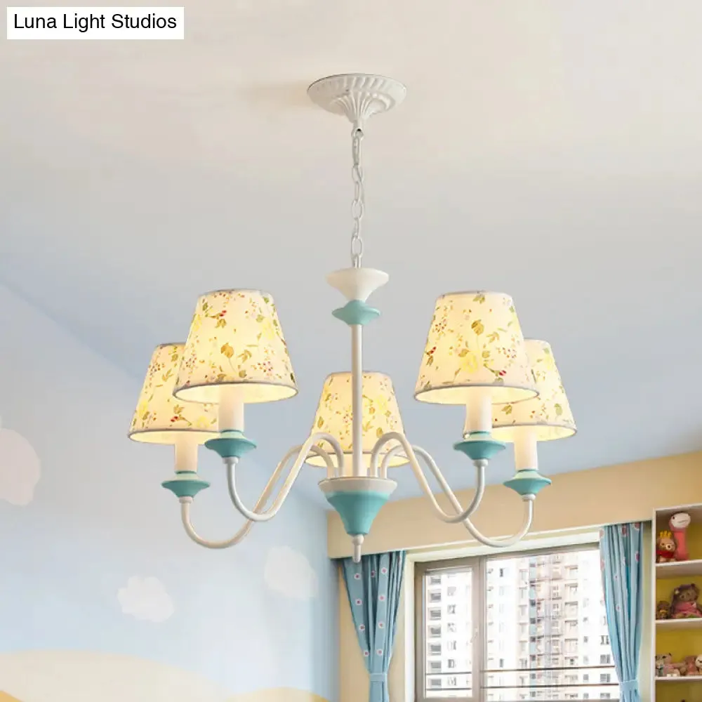 Blue Conical Pendant Chandelier with Printed Fabric - 5 Lights, Pastoral Style