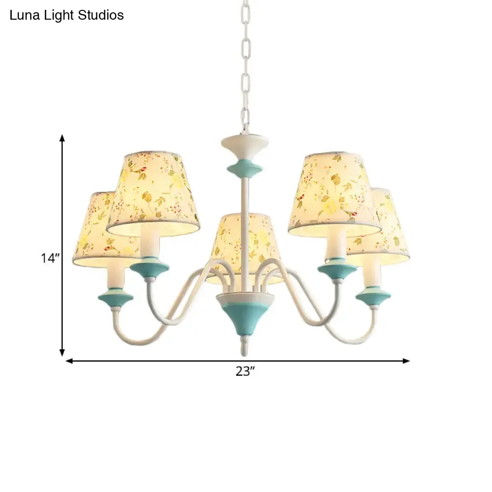 Blue Conical Pendant Chandelier with Printed Fabric - 5 Lights, Pastoral Style