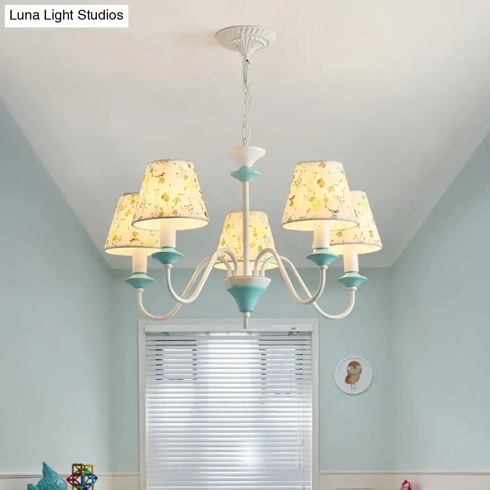 Blue Conical Pendant Chandelier with Printed Fabric - 5 Lights, Pastoral Style