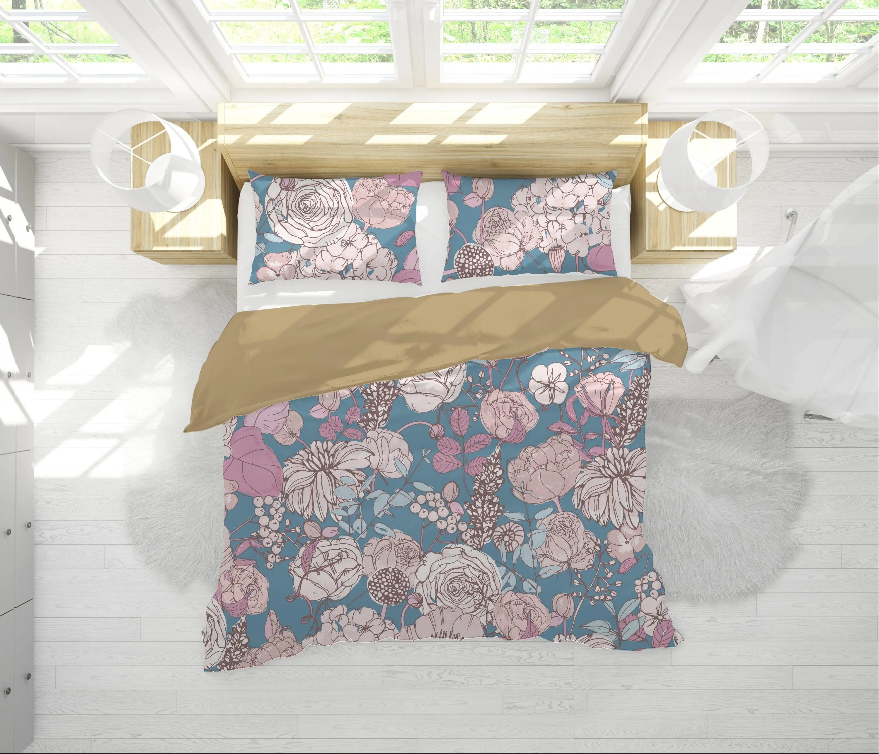 Blue Duvet Cover Set with Pink Hand drawn Flowers