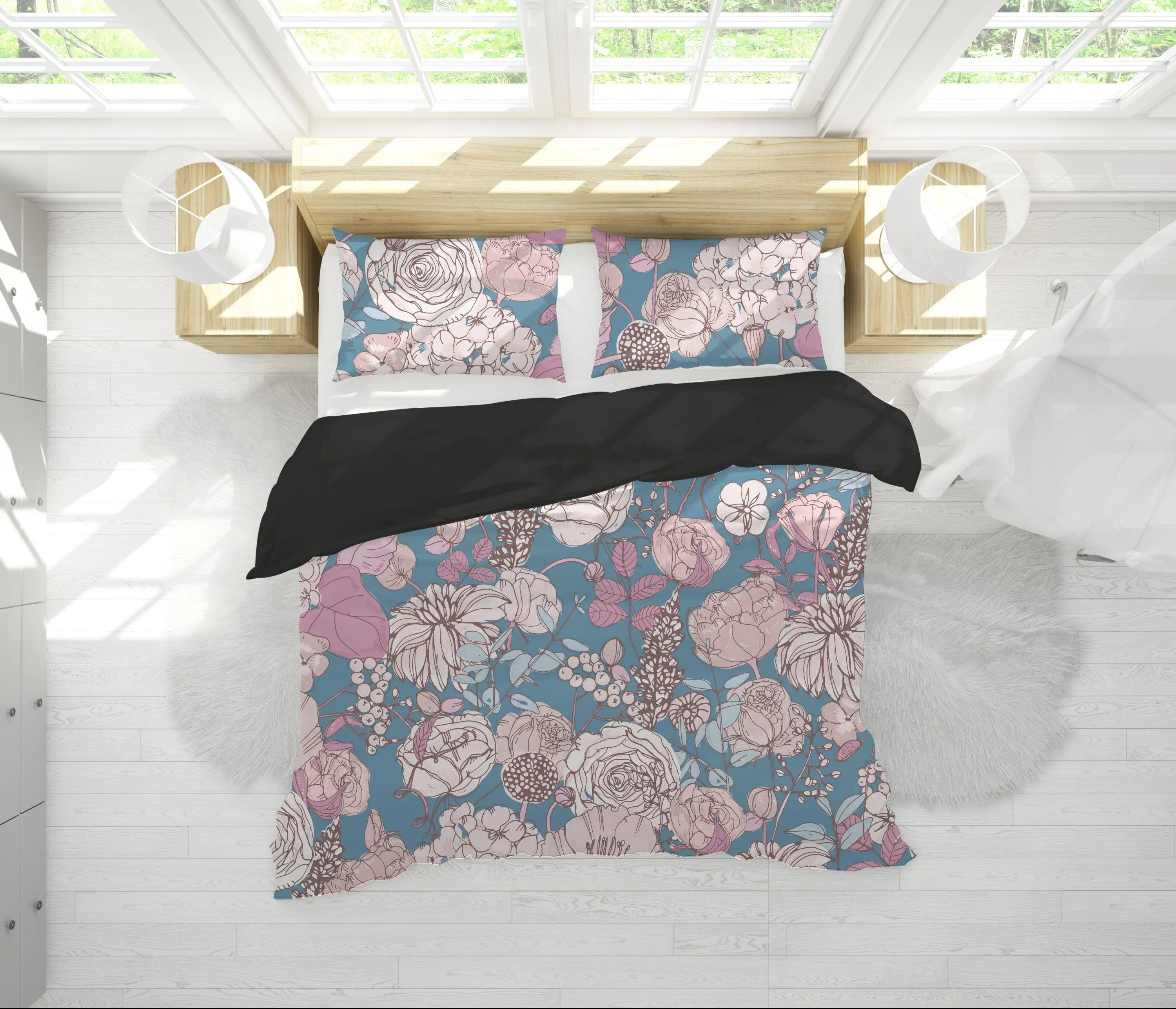 Blue Duvet Cover Set with Pink Hand drawn Flowers