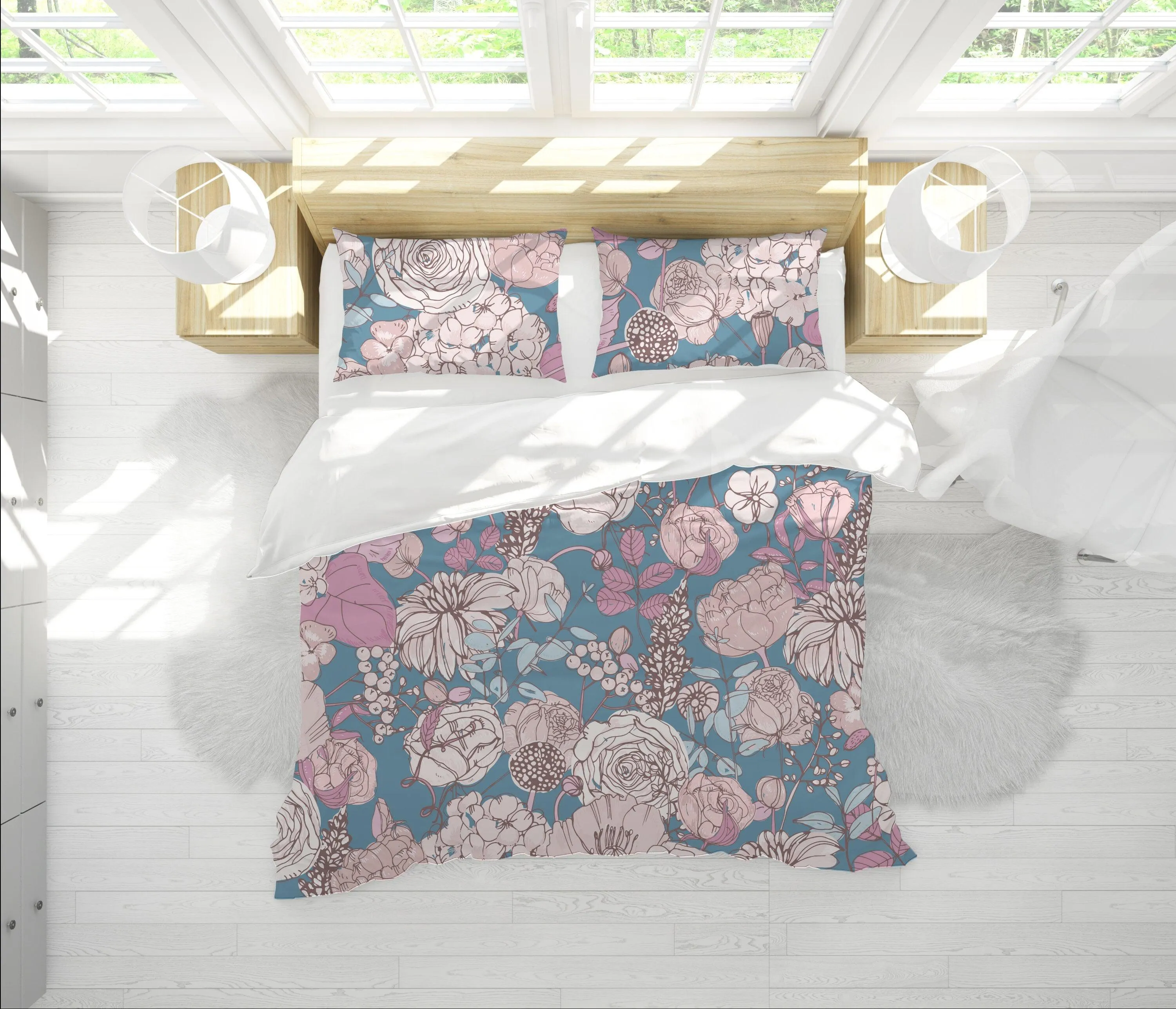 Blue Duvet Cover Set with Pink Hand drawn Flowers